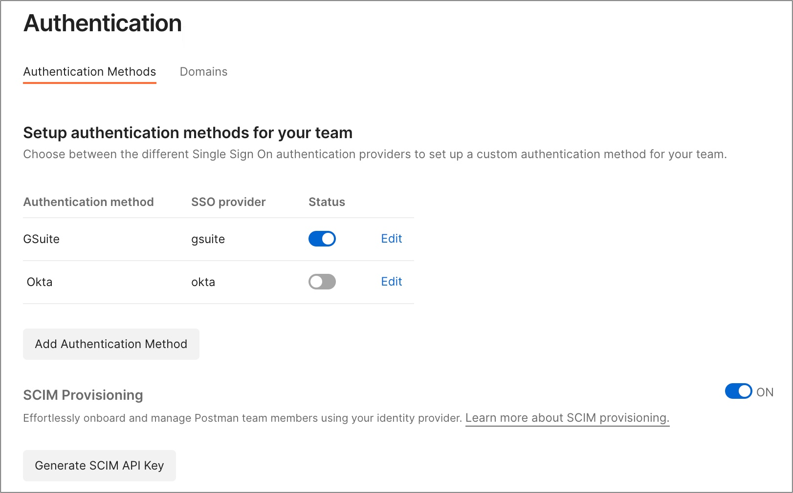 Captura de pantalla de la página de configuración de autenticación de Postman.