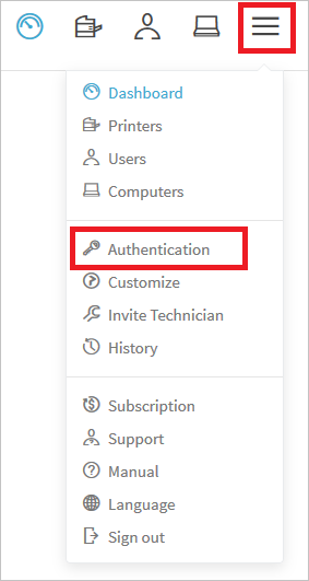 Captura de pantalla que muestra la opción Authentication (Autenticación) seleccionada en el menú.