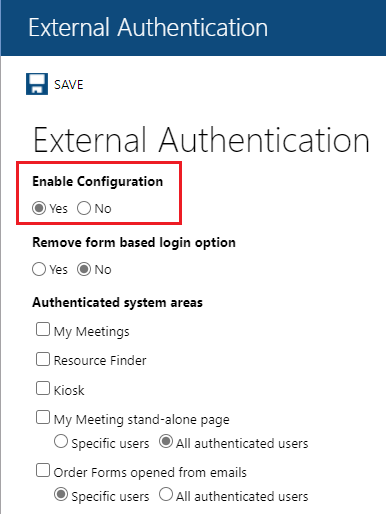 Captura de pantalla en la que se muestra la opción Enable Configuration (Habilitar configuración) seleccionada en el panel External Authentication (Autenticación externa) de Resource Central – SAML SSO for Meeting Room Booking System.