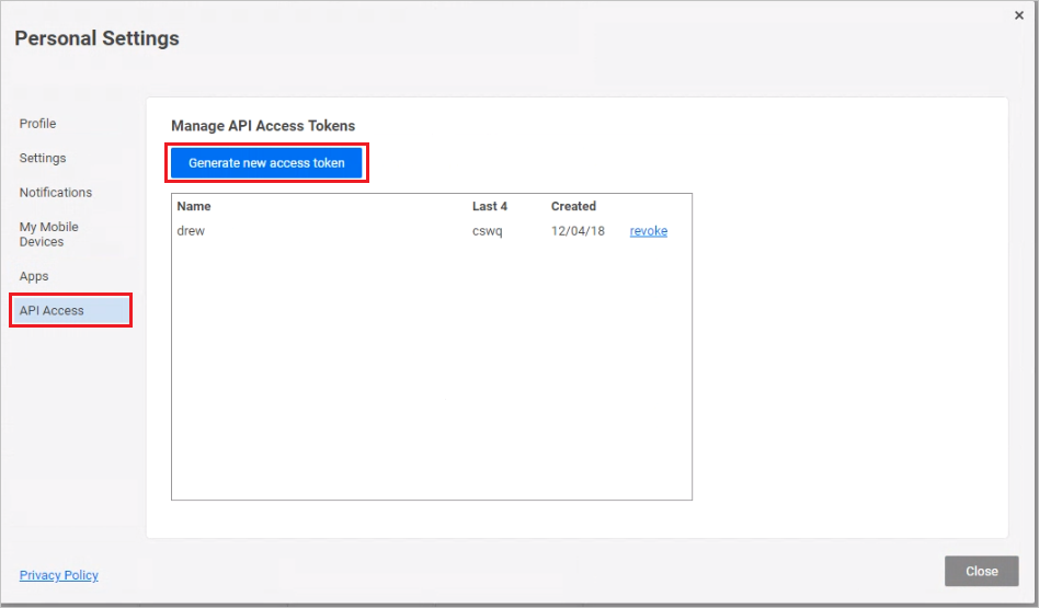 Captura de pantalla del cuadro de diálogo Configuración personal con las opciones de acceso de API y de generación de un nuevo token de acceso resaltadas.