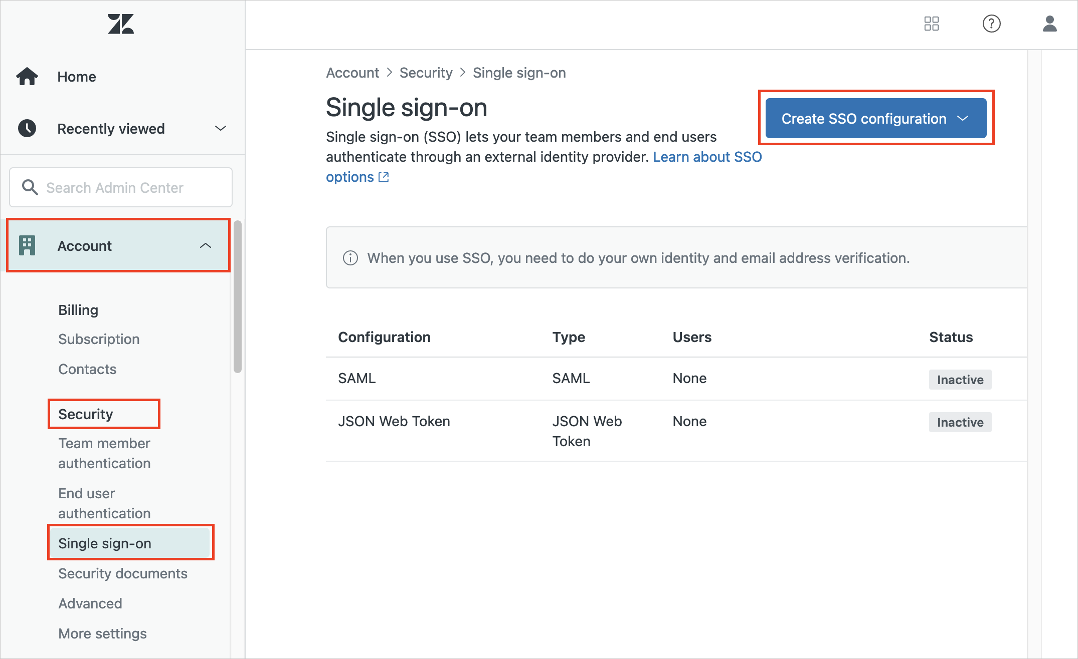 Captura de pantalla que muestra el Centro de administración de Zendesk, con la configuración de seguridad seleccionada.