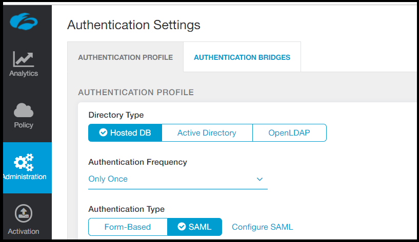 Captura de pantalla de la configuración de autenticación de Zscaler One.