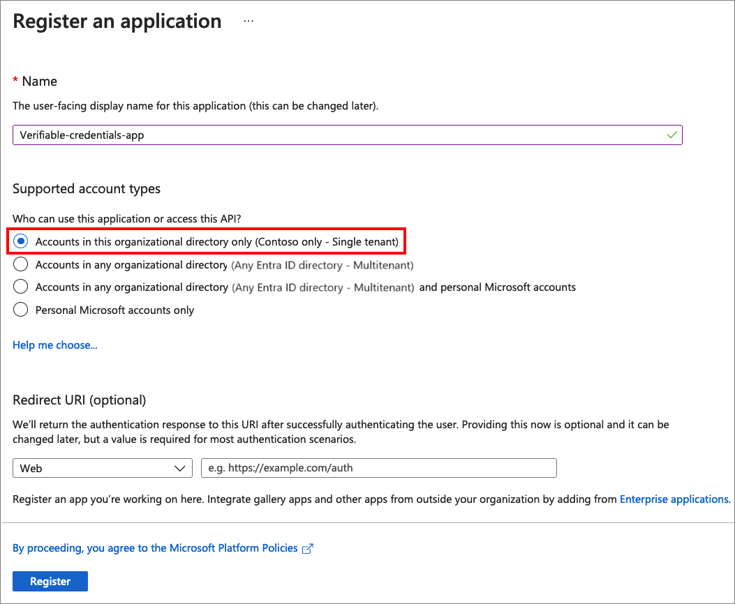 Captura de pantalla que muestra cómo registrar la aplicación de credenciales verificables.