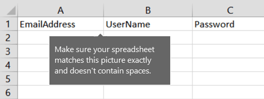 Encabezados de celda en el archivo de migración de Excel.