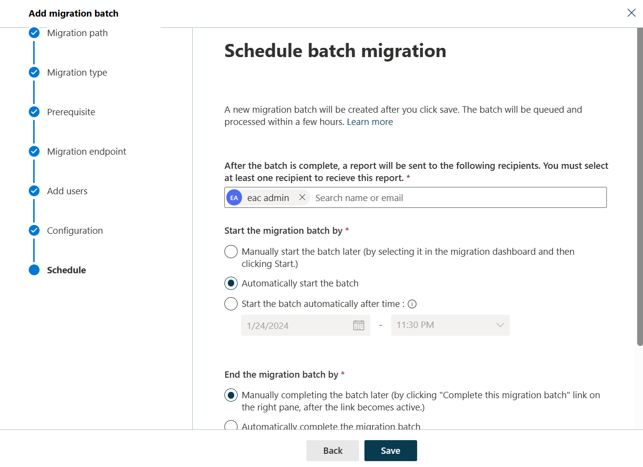 Captura de pantalla del lote De programación de migración que ofrece al usuario la capacidad de enumerar un destinatario para notificar, especificar las horas de inicio y finalización de la migración. eac_admin aparece como el usuario al que se va a notificar y el inicio de la migración se establece para iniciarse automáticamente. La hora de finalización del lote de migración se establece en completada manualmente.