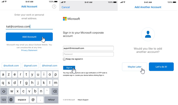 Outlook para la incorporación de iOS y Android.