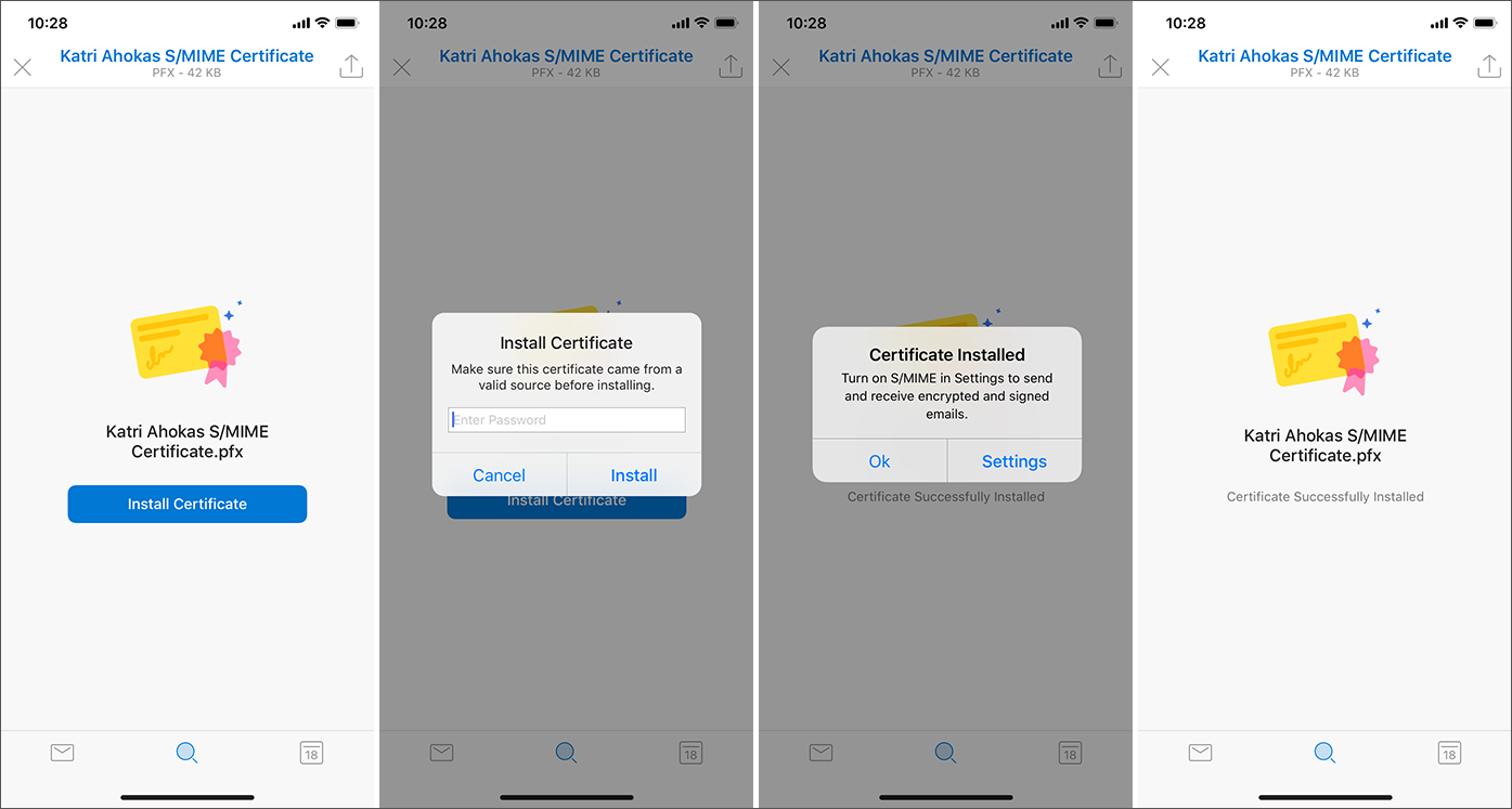 Capturas de pantalla que muestran la instalación manual de certificados en iOS.