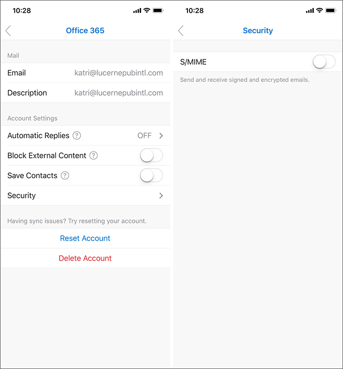 Capturas de pantalla que muestran la configuración de seguridad de S/MIME de Outlook para iOS.