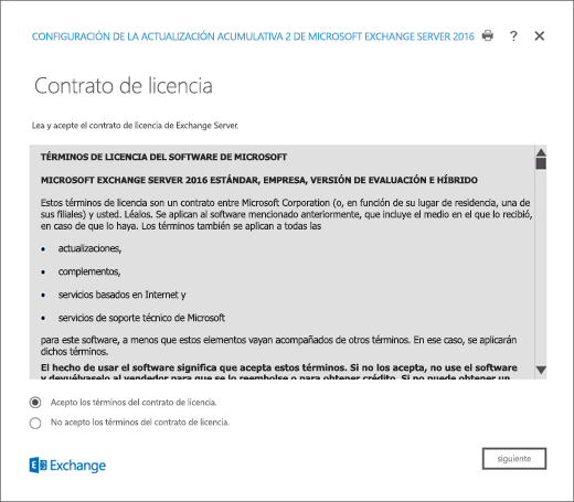 Instalación de Exchange: página de Contrato de licencia.