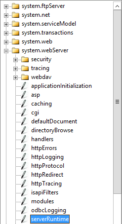 Seleccione serverRuntime en Configuration Editor in IIS (Configuración Editor en IIS) para el directorio virtual de owa.