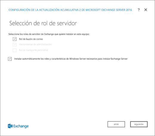 Instalación de Exchange: página de selección de rol del servidor y selección del rol de buzones.