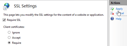 En IIS, en la configuración SSL del directorio virtual, seleccione Requerir en Certificados de cliente.