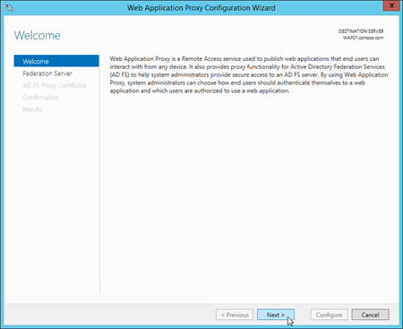 Página principal del Asistente para configuración de Application Proxy web.