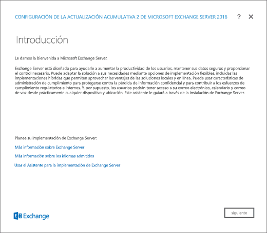Instalación de Exchange: página de introducción.