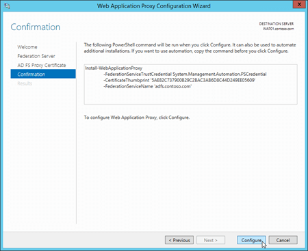 Página Confirmación del Asistente para configuración de Application Proxy web.