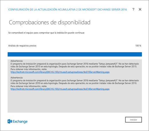 Instalación de Exchange: página de comprobación de preparación con errores resueltos.