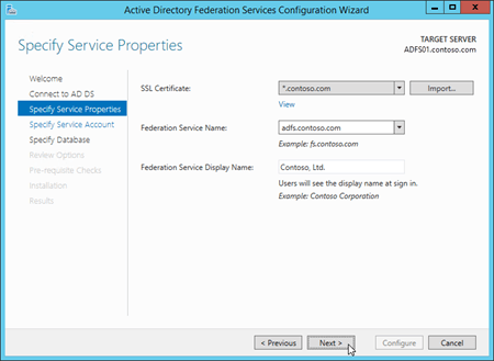 La página Especificar propiedades del servicio en el Asistente para configuración de Servicios de federación de Active Directory (AD FS).