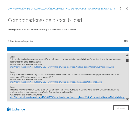 Instalación de Exchange: página de comprobación de preparación con errores detectados.