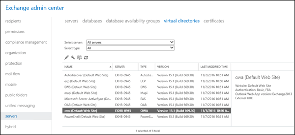 En el EAC, vaya a Directorios virtuales de servidores > y seleccione el directorio virtual de OWA.