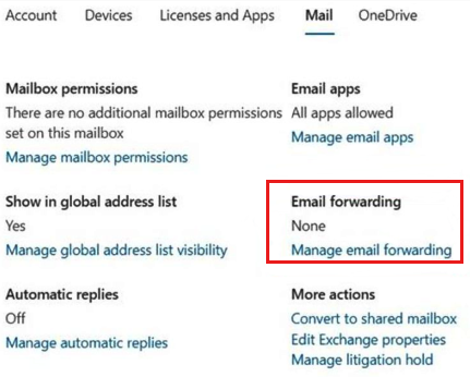 Captura de pantalla comprobando la dirección SMTP de desvío mediante el portal de Microsoft 365.