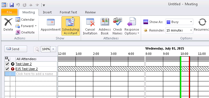 Captura de pantalla que muestra que un usuario local no puede ver la información de disponibilidad del buzón en el Asistente para programación.