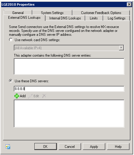 Captura de pantalla de la adición de la dirección IP de los servidores DNS públicos en la configuración Búsquedas DE DNS externas.