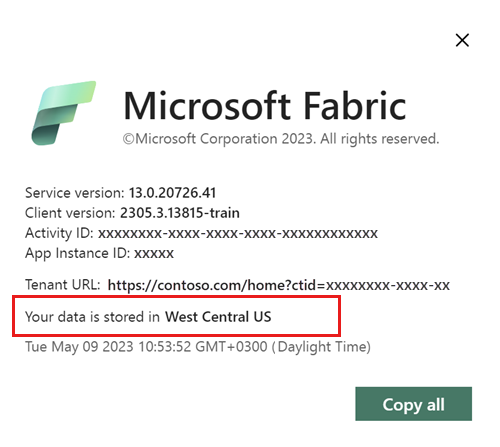 Captura de pantalla en la que se muestra la ventana Acerca de Microsoft Fabric con la ubicación de almacenamiento destacada.