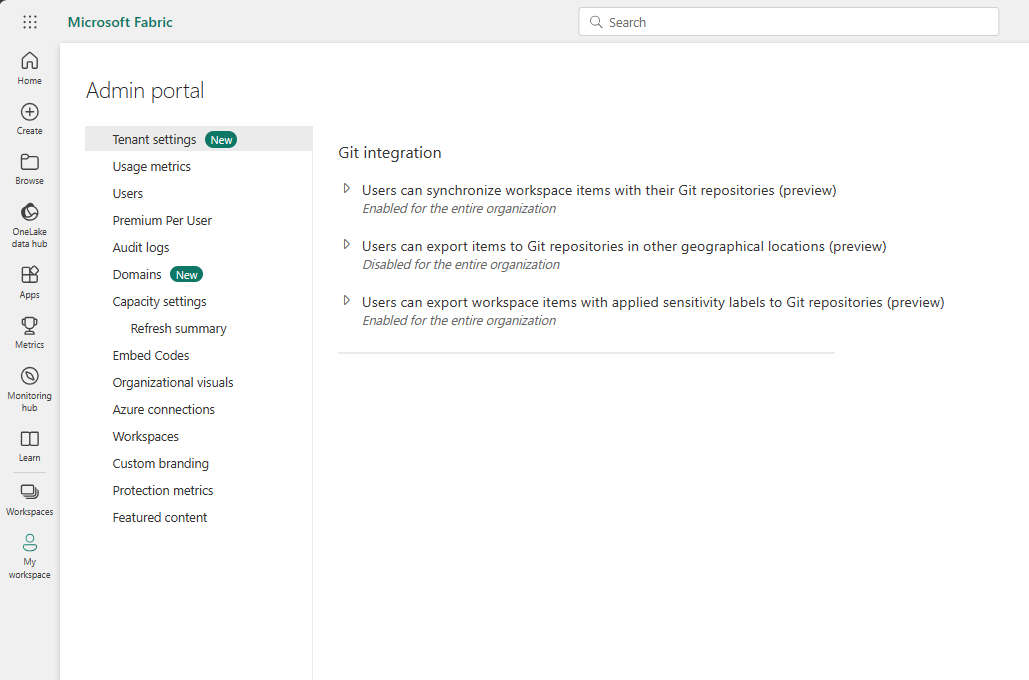 Captura de pantalla de Configuración del área de trabajo.