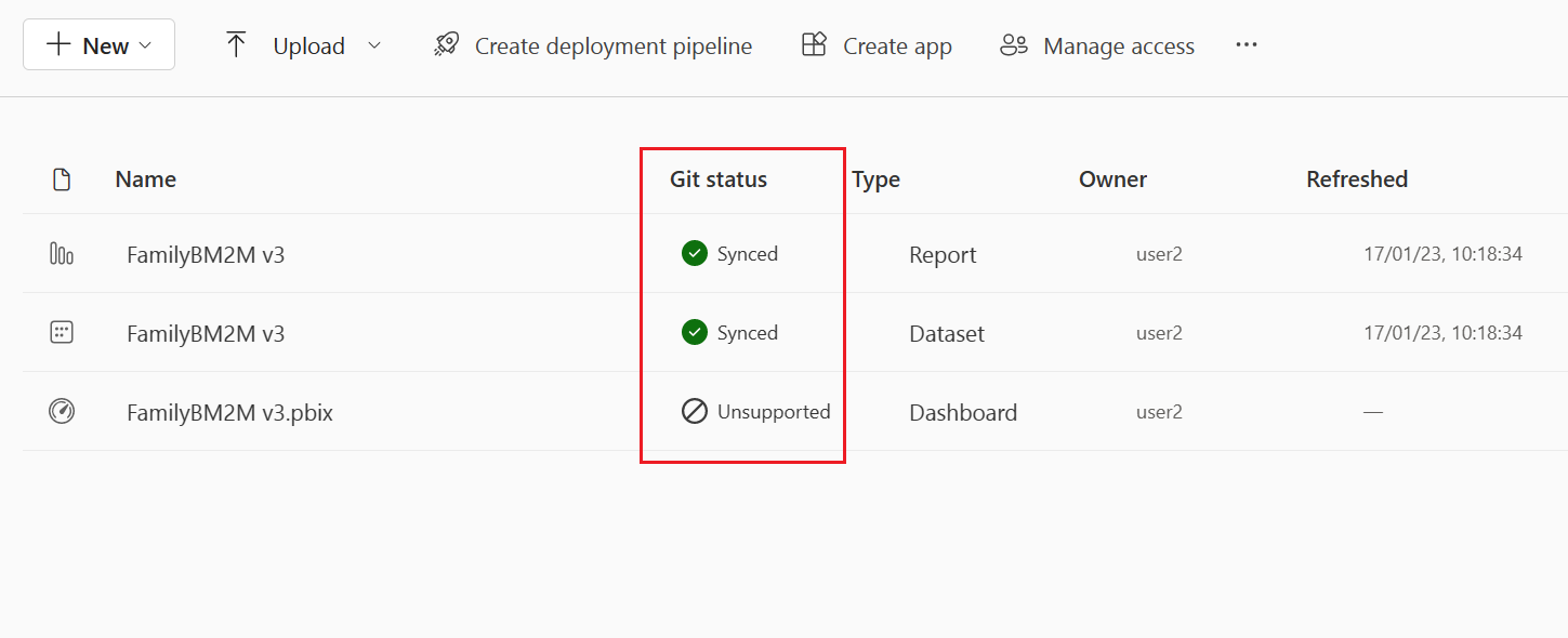 Captura de pantalla si los elementos en un área de trabajo con su estado Git esbozado.