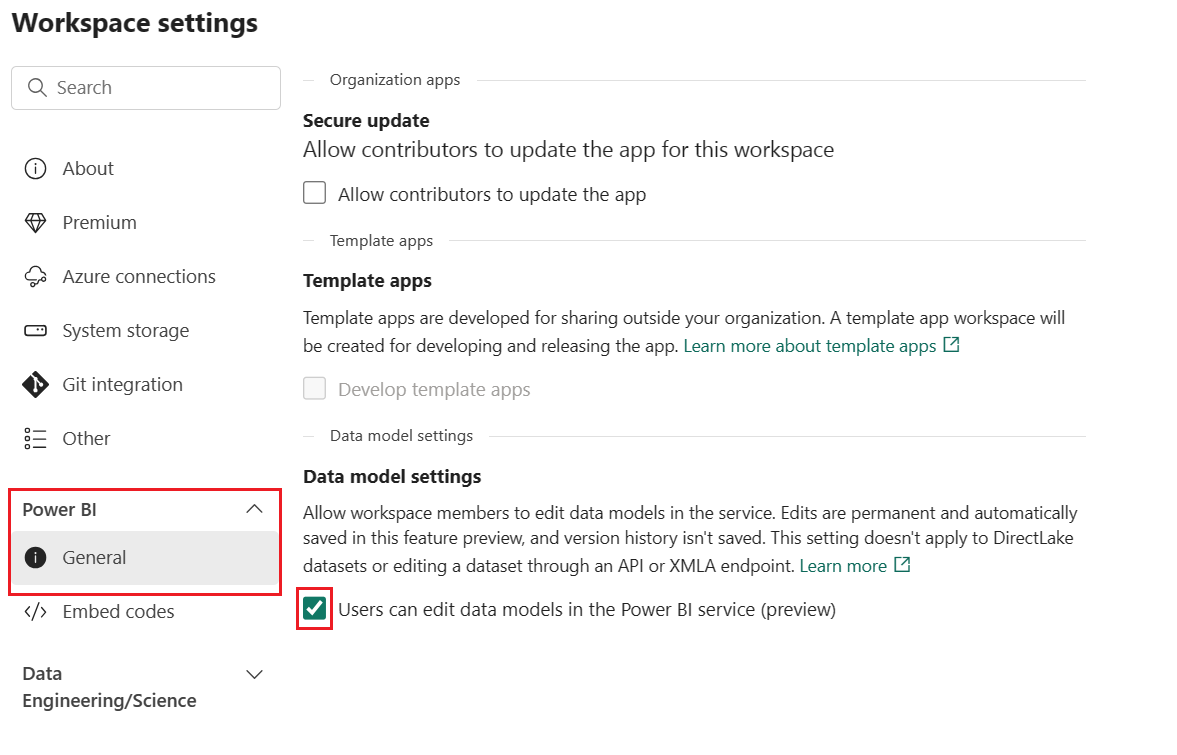 Captura de pantalla de la casilla de configuración del modelo de datos.