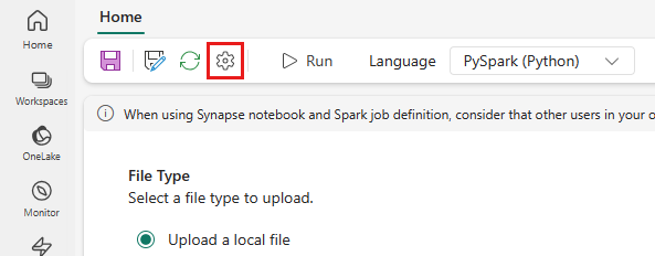 Recorte de pantalla que muestra el icono de configuración de Definición de trabajo de Spark.