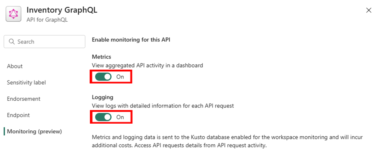 Captura de pantalla de métricas e interruptores de registro de la configuración de Supervisión del API para GraphQL.