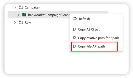 Captura de pantalla que muestra la opción de menú de la ruta de acceso de copia de la API de archivo.