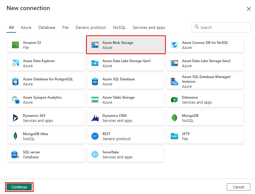 Captura de pantalla del asistente de nueva conexión, que muestra dónde seleccionar Azure Blob Storage.