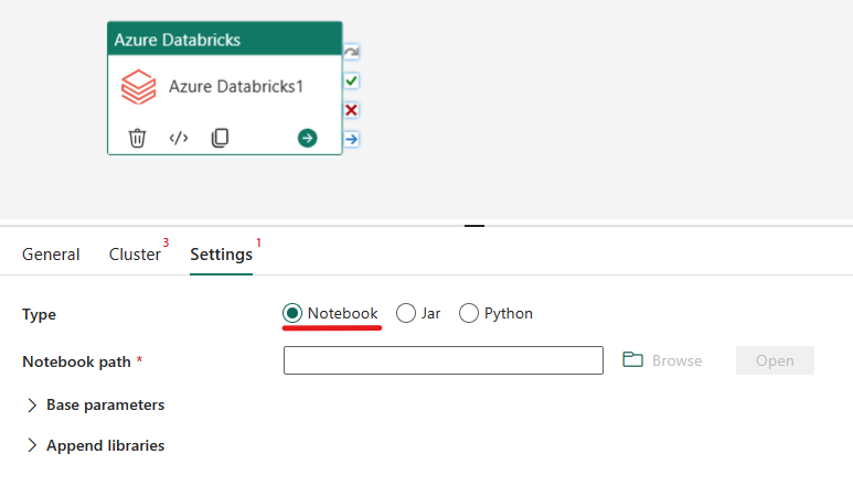 Captura de pantalla que muestra el tipo Cuadernos de la actividad de Azure Databricks.