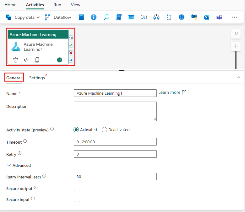 Captura de pantalla que muestra la pestaña Configuración general de la actividad de Azure Machine Learning.