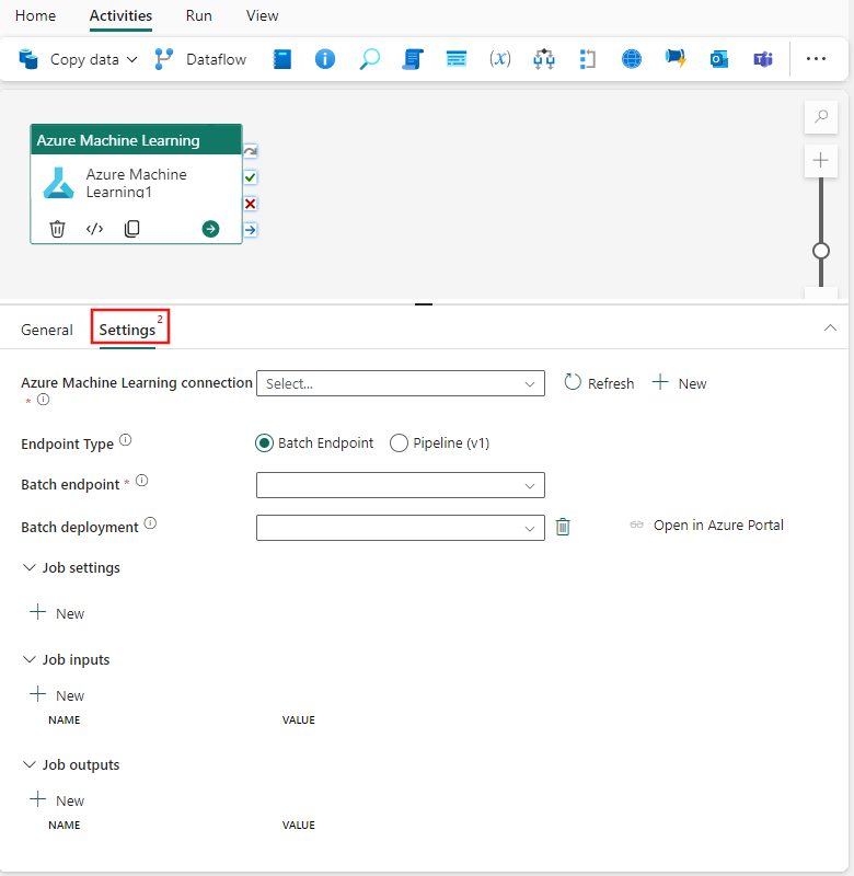 Captura de pantalla que muestra la pestaña Configuración de la actividad de Azure Machine Learning.