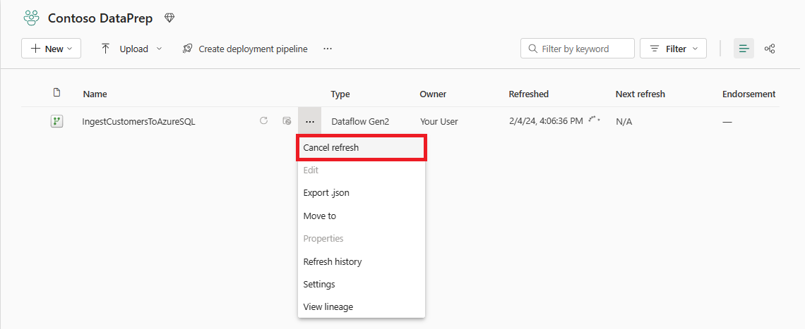 Captura de pantalla que muestra dónde configurar la programación de actualización del flujo de datos en la página de configuración del flujo de datos.