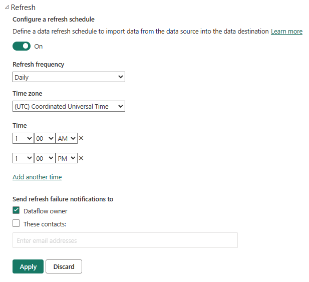 Captura de pantalla que muestra un ejemplo de una configuración de actualización de programación diaria de 12 horas.