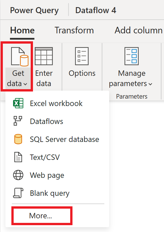 Screenshot with the Get Data option selected and More emphasized in the drop-down box.