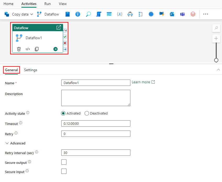 Screenshot showing the General settings tab of the Dataflow activity.