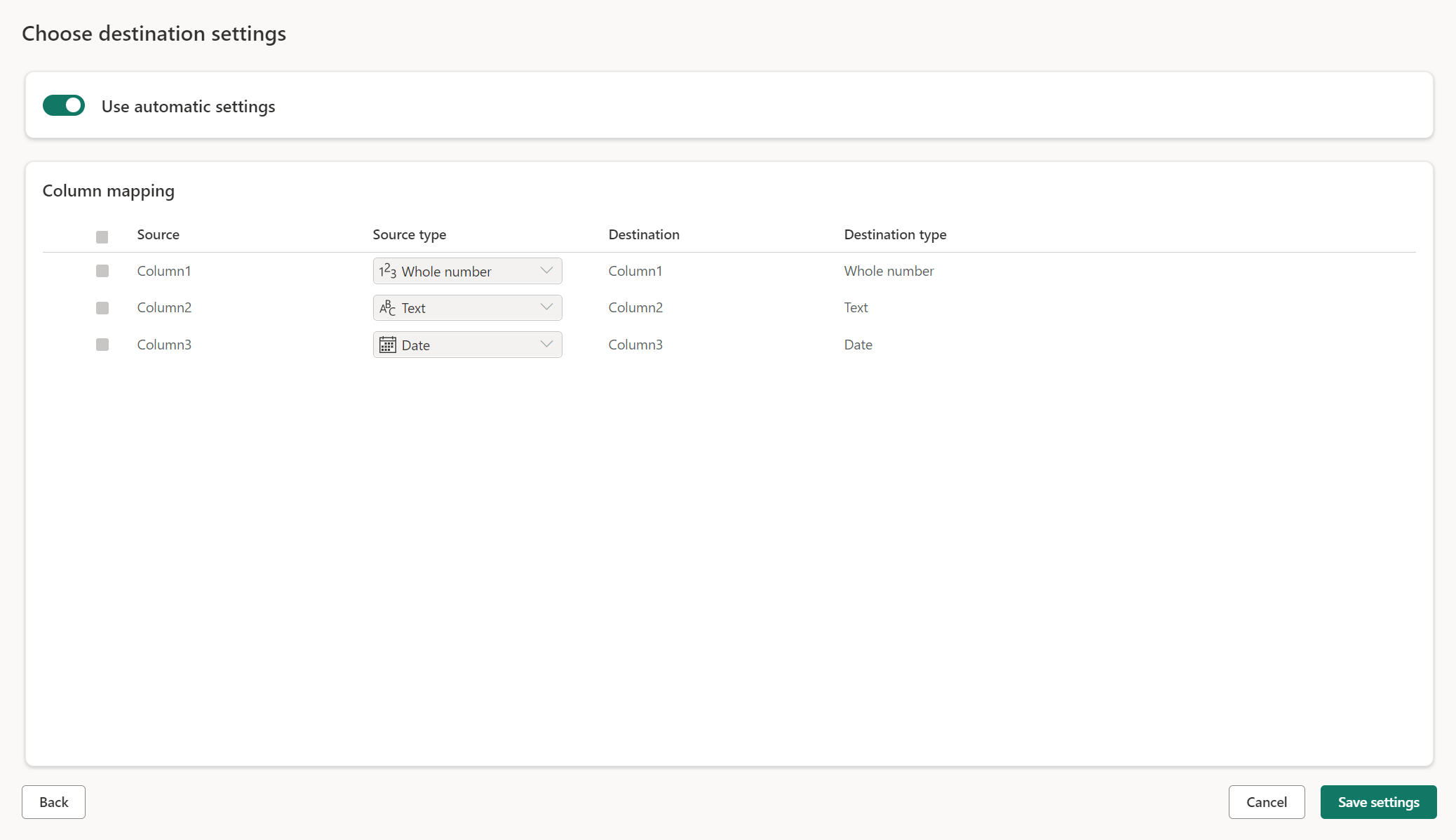 Captura de pantalla de la ventana Elegir configuración de destino con la opción Usar configuración automática seleccionada.