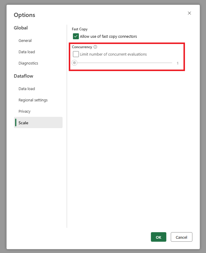 Captura de pantalla de la configuración del control de simultaneidad del flujo de datos.