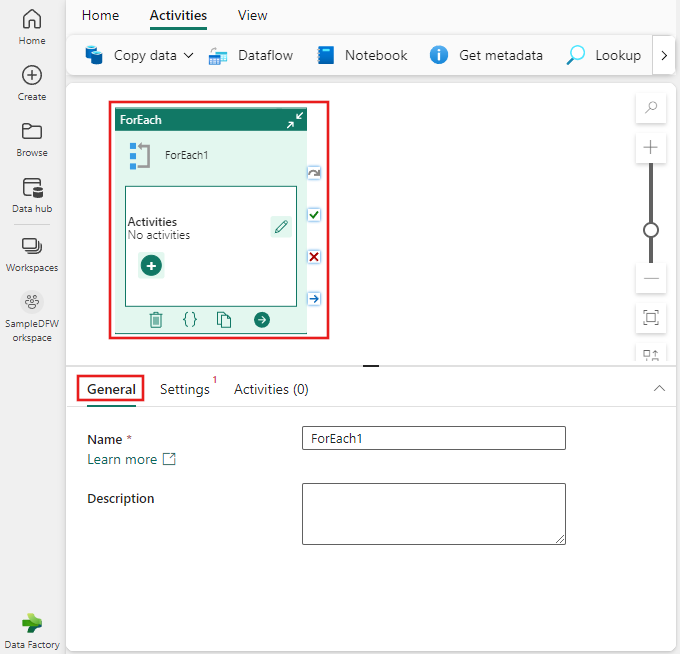 Captura de pantalla que muestra la pestaña Configuración general de la actividad ForEach.