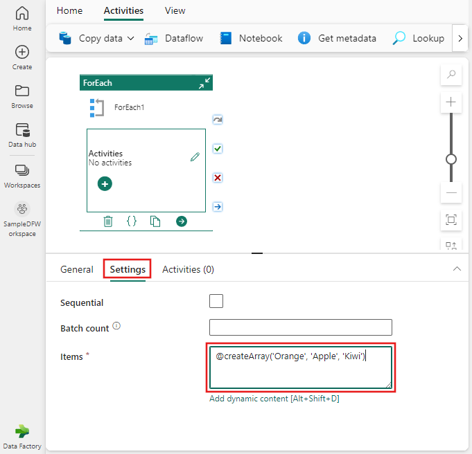 Captura de pantalla que muestra la pestaña Configuración de ForEach con varios elementos agregados a la lista Elementos.