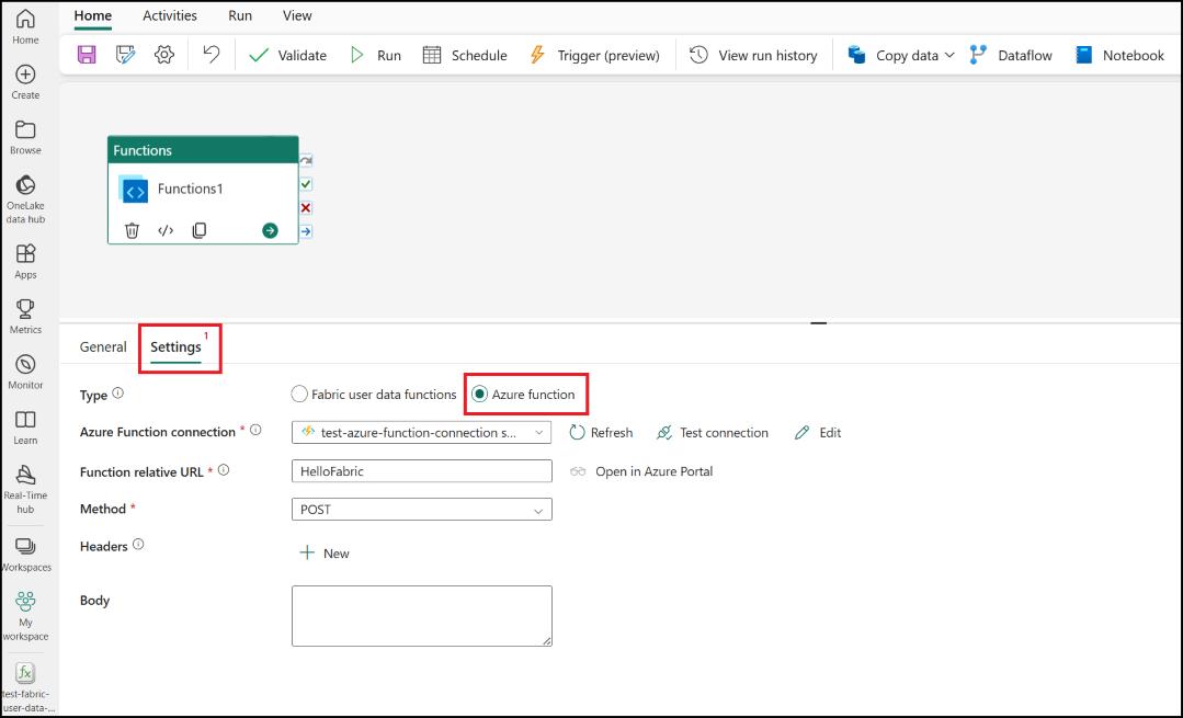 Captura de pantalla que muestra la pestaña Configuración de la actividad de azure Functions.