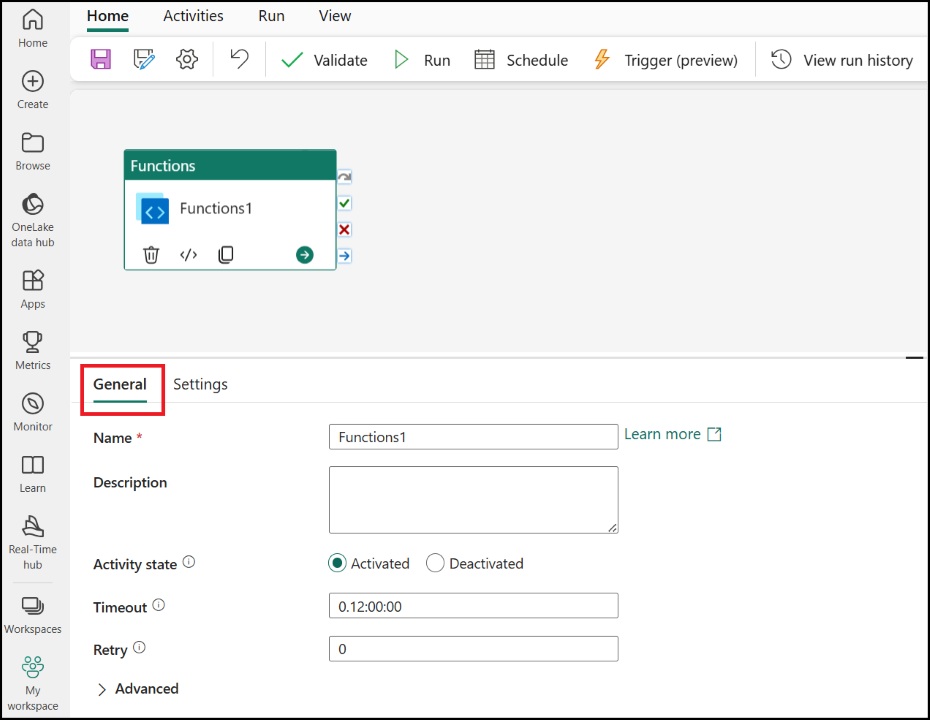 Captura de pantalla que muestra la pestaña Configuración general de la actividad Functions.