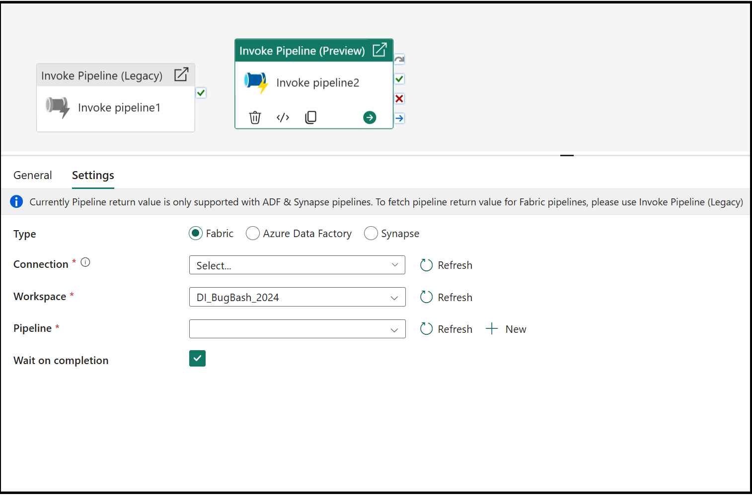 Captura de pantalla que muestra la pestaña de configuración de actividad de la canalización Invocar, resaltando ADF y Synapse.