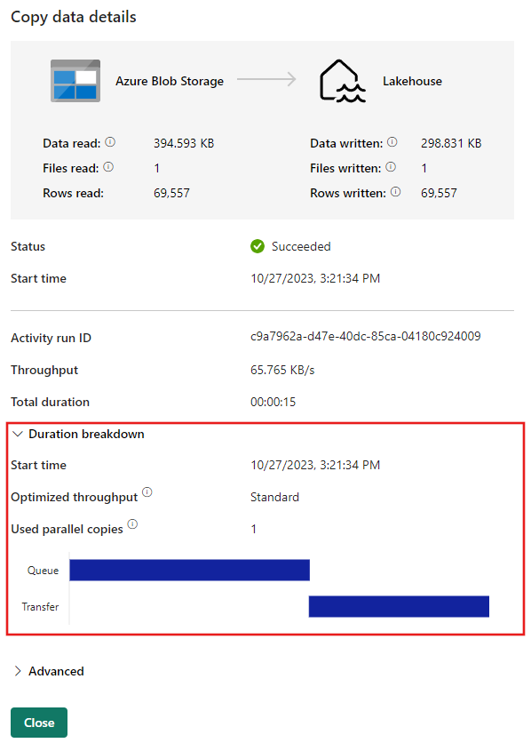 Captura de pantalla de detalles adicionales para la ejecución de copia de datos.