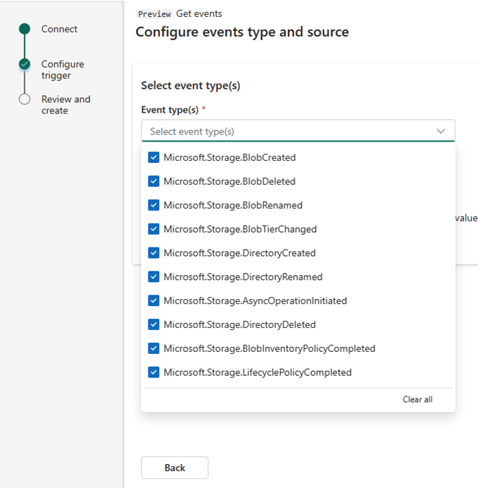 Captura de pantalla que muestra la página Configurar tipo de eventos y origen del cuadro de diálogo de configuración del desencadenador.